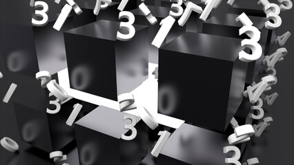 Aufkleber - Many shiny metal cubes and chaotic numbers, computer generated modern abstract background, 3d render