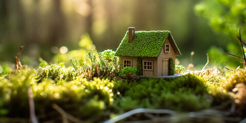 Miniatur-Holzhaus im Frühling, mit Gras, Moos und Farnen an einem sonnigen Tag: Ein ökologisches und umweltfreundliches Wohnkonzept