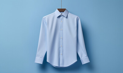 A blue shirt hung against a grey surface, in the style of bauhaus functional design, light azure, meticulous linework precision