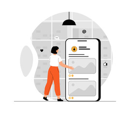 Wall Mural - Social media. Woman communication in messengers, post interesting content in social networks. Reactions and comments. Illustration with people scene in flat design for website and mobile development.