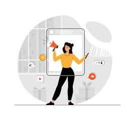 Social media influencer. Digital promotion concept. Brand advertisement in social media blog. Digital marketing campaign. Illustration with people scene flat design for website and mobile development