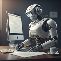 robot article editor writing publicity post robotic journalist copywriting selection and verification artificial intelligence vector scene 