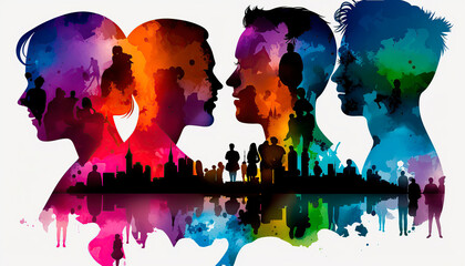 abstract colorful background, Image combining the colors of the lgtb flag and silhouettes of people. Concept lgtb rights. Image created with ai