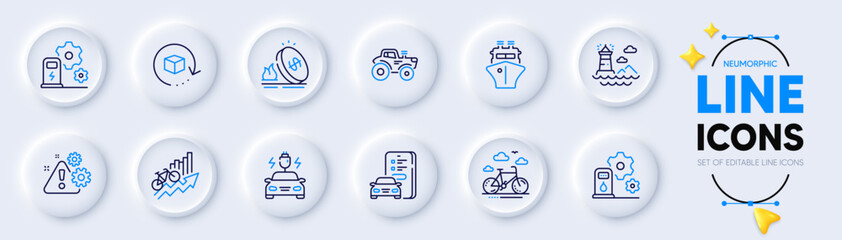 Gas price, Car registration and Training results line icons for web app. Pack of Warning, Tractor, Car charging pictogram icons. Filling station, Bike rental, Charging station signs. Vector