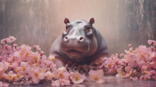 Hippopotamus Surrounded By Beautiful Flowers In A Muted Pastel Aesthetic With Surrealism Elements - Dreamy Background - Generative AI