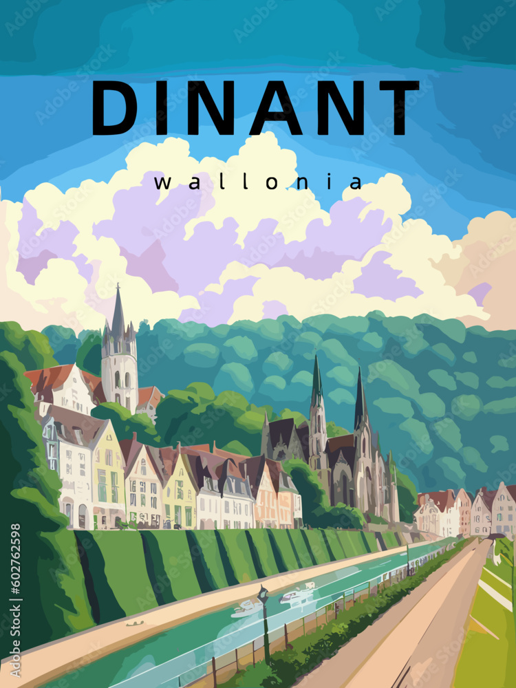 Dinant: Retro tourism poster with an Belgian landscape and the headline ...