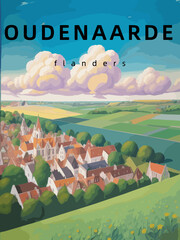 Oudenaarde: Retro tourism poster with an Belgian landscape and the headline Oudenaarde in Flanders