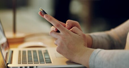 Aufkleber - Laptop, phone and search with hands of woman for website, social media and communication. Internet, technology and app with closeup of female employee in office for planning, networking and online