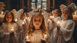© tilialucida - A group of children holding candles in a church. Generative AI.