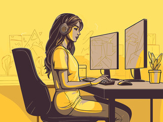 Poster - Illustration of girl sitting at computer vector illustration art