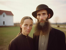 Portrait Of An Amish Couple In Traditional American Peasant-style Clothing, Man With Long Beard - Generative Ai