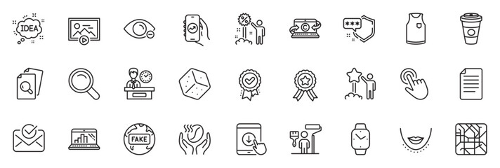 Icons pack as Presentation time, Metro map and Start presentation line icons for app include Myopia, Winner ribbon, Graph laptop outline thin icon web set. Copywriting notebook, Discount. Vector