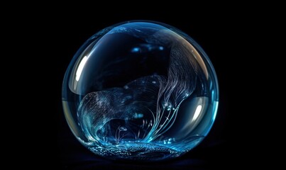 Poster - a glass ball with a bear inside on a black background. generative ai