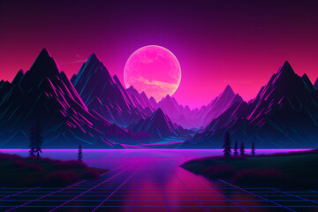 Wall Mural - Neon retrowave or synthwave background with grid and sun. generative ai