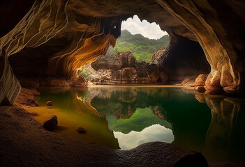 Wall Mural - Mysterious cave with a beautiful underground lake and hanging stalactites. AI Generated