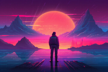 Wall Mural - Neon retrowave or synthwave background with a man sitting on top of mountain lookin to the horizon. generative ai.