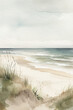 Beach and ocean watercolor landscape. Summer watercolor background. Generative AI.
