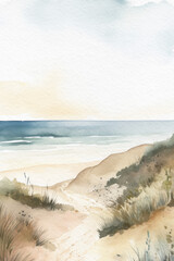 Wall Mural - Beach and ocean watercolor landscape. Summer watercolor background. Generative AI.