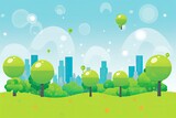 Fototapeta Natura - lush green cityscape with floating bubbles Generative AI