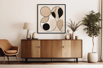 Wall Mural - Modern mid century interior with beige and black wall art in textured abstract style. Cozy furniture. Brown chair and wood table. Generative AI.