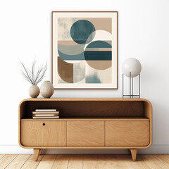 Wall Mural - Modern mid century interior with beige and blue wall art in textured abstract style. Cozy furniture. Brown wood table. Generative AI.