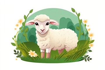 Canvas Print - sheep in a meadow surrounded by colorful flowers Generative AI