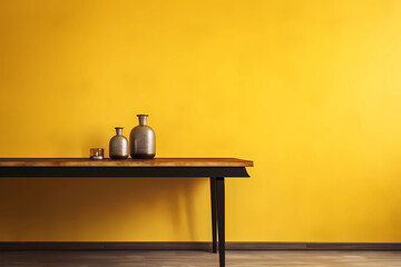 Wall Mural - Textured yellow wall copy space. Monochrome empty room with minimalist table. Wall scene mockup product for showcase, Promotion background. Generative AI.