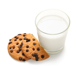 Tasty cookies with chocolate chips and glass of milk on white background