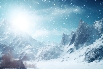 Poster - cozy winter cabin nestled in a snowy mountain landscape Generative AI