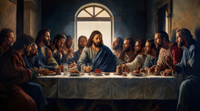 A Painting Of The Last Supper Of Jesus. Generative AI.