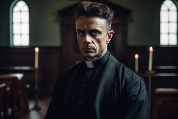 attractive priest looks at camera in church AI generated image