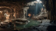 A vast underground chamber with intricate rock formations and a subterranean river Generative AI