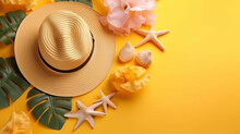 Yellow Colored Summer Vacation, Travel And Summer Holiday Background. Bright Pink Flatlay With Tropical Leaves And Flowers, Sea Shells, Starfish, Flip - Flops, Hat, Beach Accessories