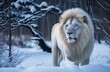 White lion in snow. White lion standing in snow. lion in snow. Generative Ai 
