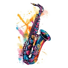 Abstract musical design with saxophone and colorful splashes, notes and waves on a white background. Colorful saxophone. watercolor style.Generative AI