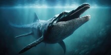 Underwater Prehistoric Creature Or Dinosaur Swimming Underwater. Superlative Generative AI Image.