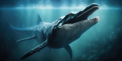 Underwater prehistoric creature or dinosaur swimming underwater. superlative generative AI image.