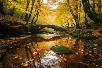 Canvas Print - serene stream flowing through a verdant forest Generative AI