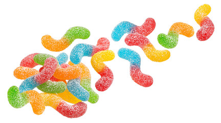 Wall Mural - Sour gummy worms isolated on white background, full depth of field