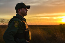 US Border Patrol Officer Looking At The Distance, Generative AI