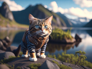 A delightful sight of a cute little kitten dressed in a cozy sweater, surrounded by majestic mountains. Generative AI, AI.