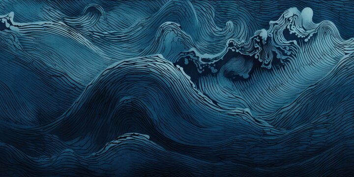 Wall Mural -  - Japanese traditional Ukiyoe of blue Majestic nature giving birth to dynamic rough waves Abstract, Elegant and Modern AI-generated illustration