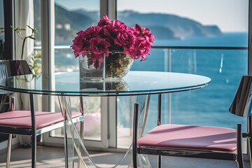 Poster - wooden table with a bouquet of colorful flowers in a vase generative ai