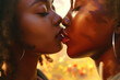 The power of a kiss, sexy beautiful african lesbian couple lips closeup kissing seductive black woman, erotic, glamour, sensual, lgbt, kiss concept AI Generative