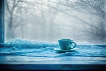 Canvas Print - steaming cup of coffee resting on a sunlit windowsill Generative AI