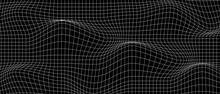 Distorted White Grid On Black Background. Waved Mesh Texture. Fish Net With Curvatured Effect. Checkered Pattern Deformation. Bented Lattice Surface