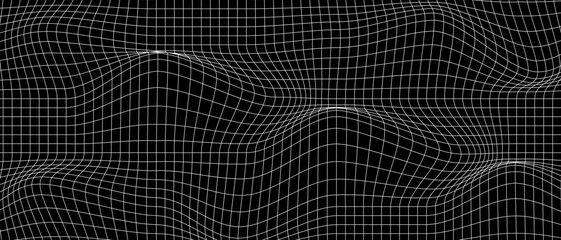 Wall Mural - distorted white grid on black background. waved mesh texture. fish net with curvatured effect. check