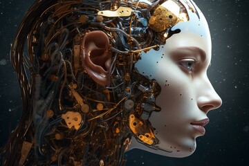 Wall Mural - A woman face merging with a cyborg, creating a futuristic and surreal image. Generative AI