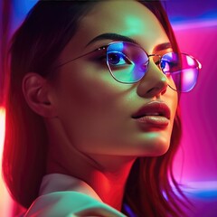 Wall Mural - An Enchanting Fashion Portrait Showcasing a Beautiful Female Model's Elegance in Luxury Eyewear Glasses amidst a Bokeh Neon Setting - Eyewear Concept - Eyecare - Generative AI