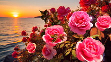  Romantic Wild Flowers Pink Roses Bush On Sea Beach At Sunset,generated Ai